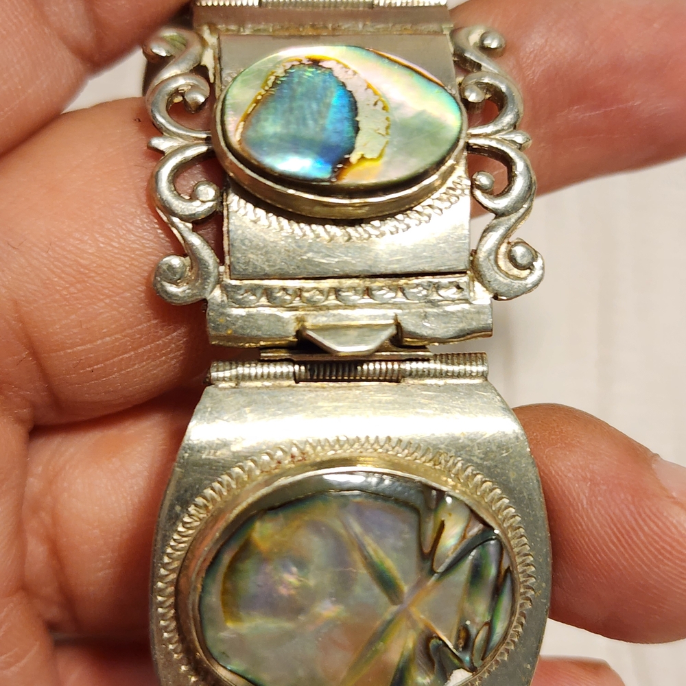 Vintage Taxco Sterling Silver 925 Abalone Panel Bracelet Mexico 7" Ornate - Picture 7 of 15
